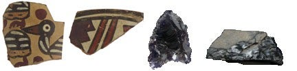 Photo of two Nasca-period sherds (ca. 1500 BP) on the left, a basally-notched projectile point (ca. 3500 BP) third from left, and an obsidian scraper on the far right (ca. 5000 BP). Our research in the Nasca region is focusing on these kinds of artifacts.