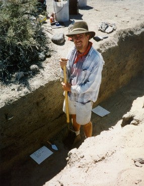 Excavations at a 250 year-old semi-subterranean house floor in southern Owens Valley, near Owens Lake. Photo shows a 6 meter trench excavated across center of house pit.